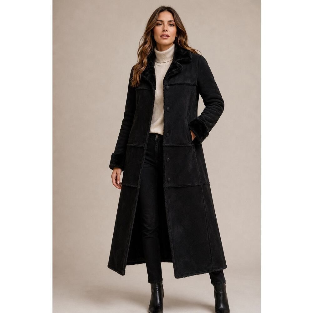 Brandon Thomas Genuine Shearling Sheepskin Leather Long Coat Large